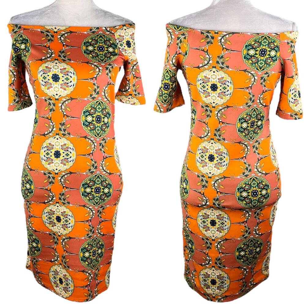 Love J Dress M Retro Orange Geometric Print Off Shoulders Short Sleeves